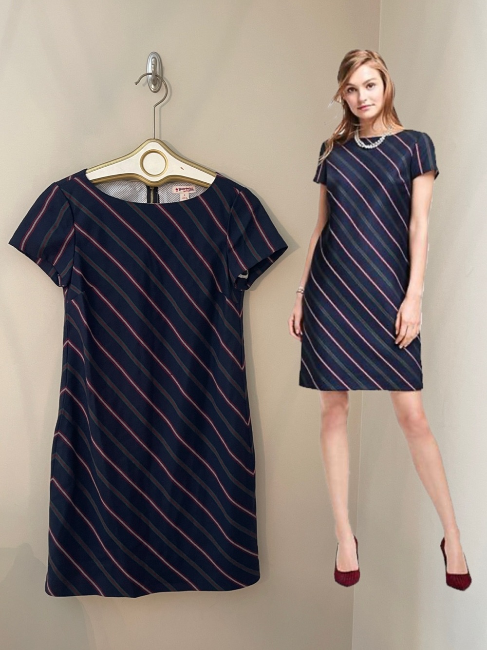 Brooks Brothers navy red fleece striped short-sleeved dress sheath Size 6 FLAWED
